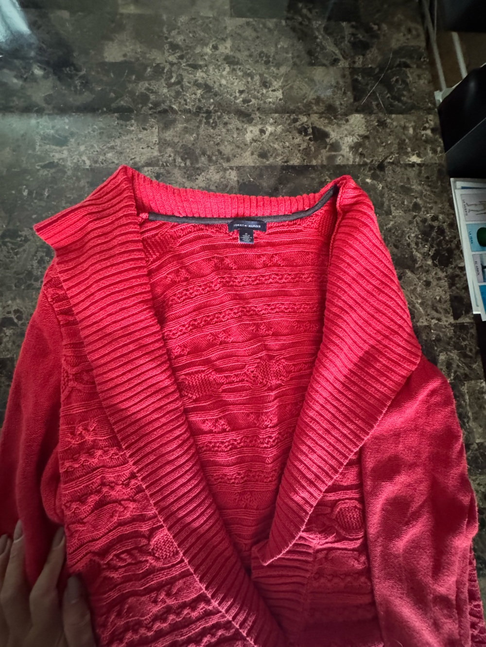 Tommy Hilfiger Red Cable-Knit Open-Front Cardigan